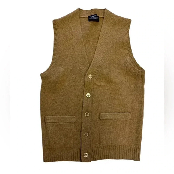 Puritan Vintage 100% Lambswool Tan Button Up Sleeveless Vest Size Small - Picture 4 of 8